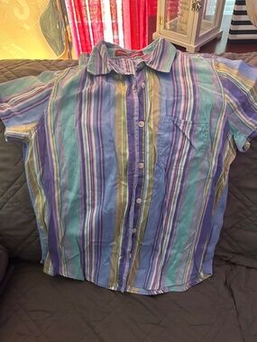 Gloria Vanderbilt Striped Button-Down Shirt in Blue, Green & Purple